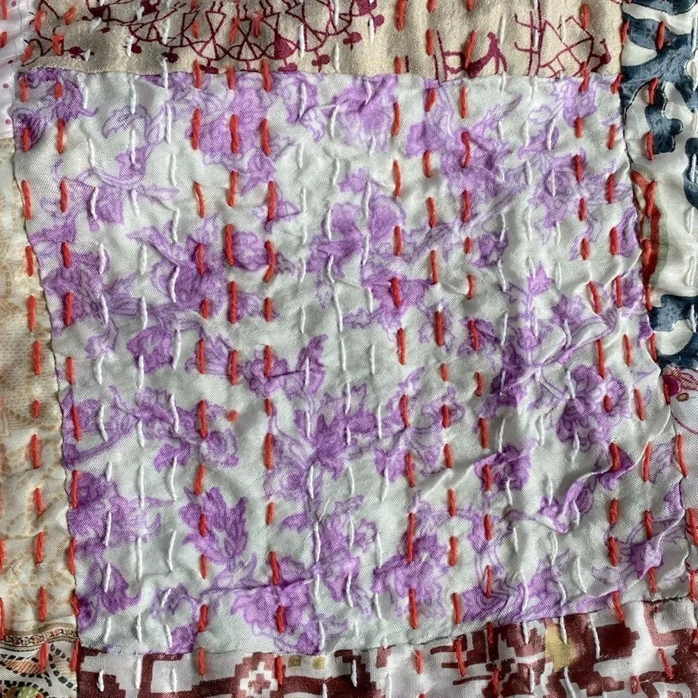 Kantha Silk Blend Throw Blanket Patchwork Quilt Multicolor  66” x 86”
